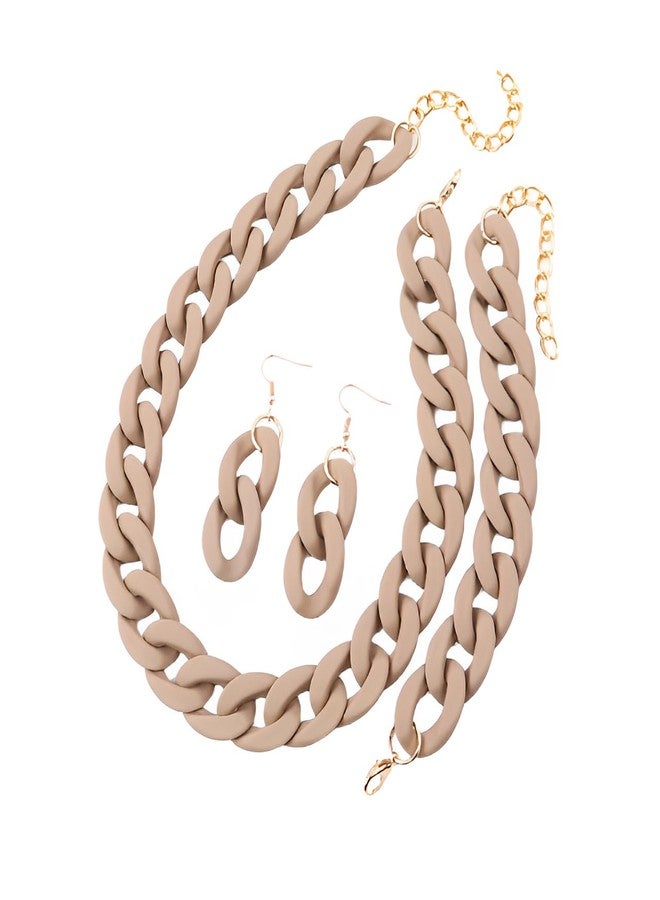 QRH Acrylic Macaron Necklace Bracelet Earrings Set Chunky Cuban Link Hip Hop Chain Jewelry Set Multicolor 70 80S Punk Acrylic Chain Bracelet Necklace Earrings Set Party Costume- khaki - Image 1